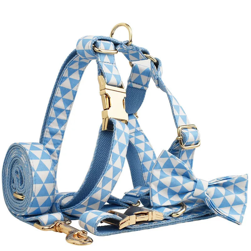 Blue triangular ring pattern dog accessory set with collar, leash, bow, and vest