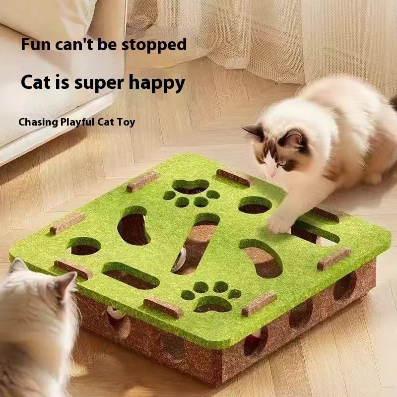Felt cat toy with interactive hole measuring 30cm in green brown, camel white, and grey colour options