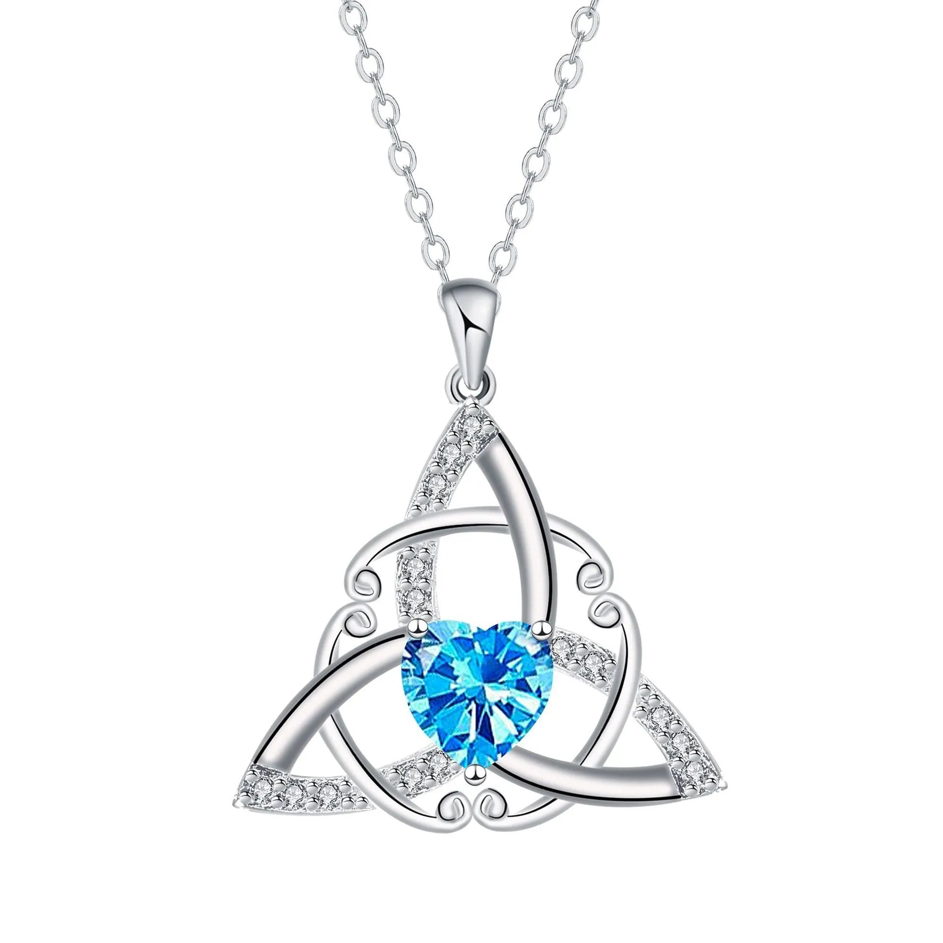 Geometric Celtic knot copper necklace for women showing blue electroplated colour option.