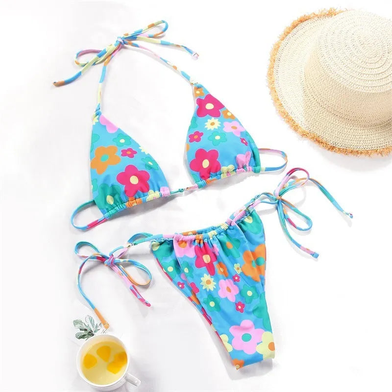 Women's polka dot print split swimsuit bikini set in brown and orange gradient patterns with polyester lining