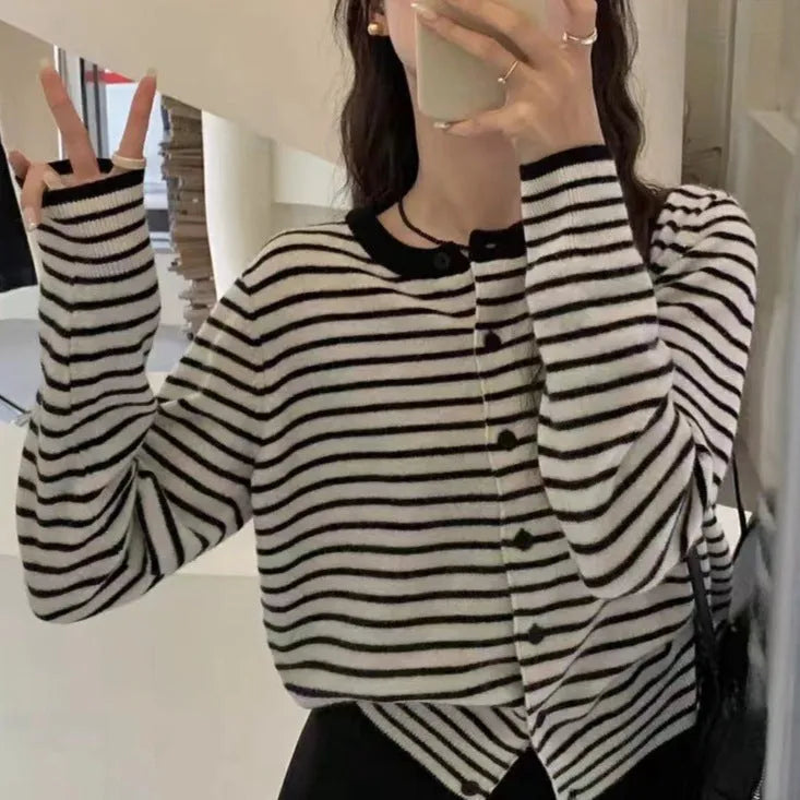 Women's dark grey and white striped French style cardigan coat with slim fit and short length