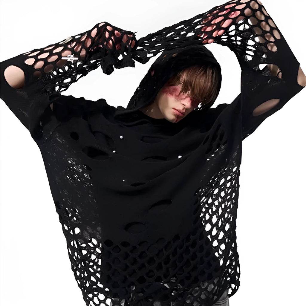 Men's black hollow knit hoodie with pearl decorative elements on hood in loose fit pullover styling