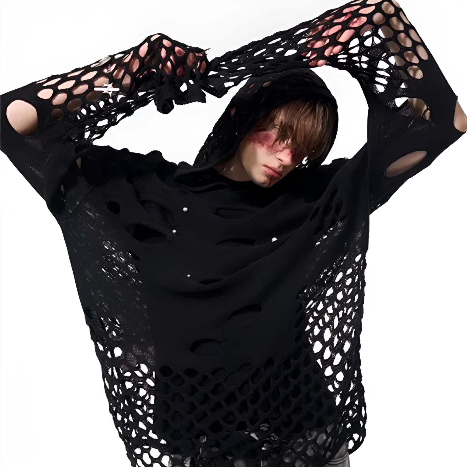 Men's black hollow knit hoodie with pearl decorative elements on hood in loose fit pullover styling