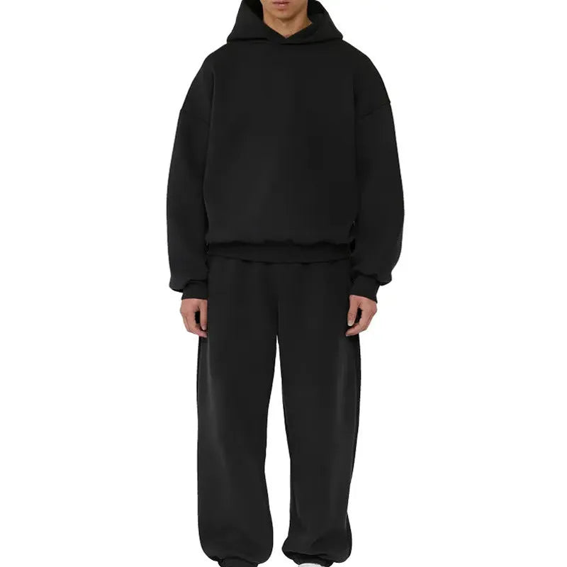 Men's grey fleece-lined cotton pullover hoodie with wool lining and threaded long sleeves