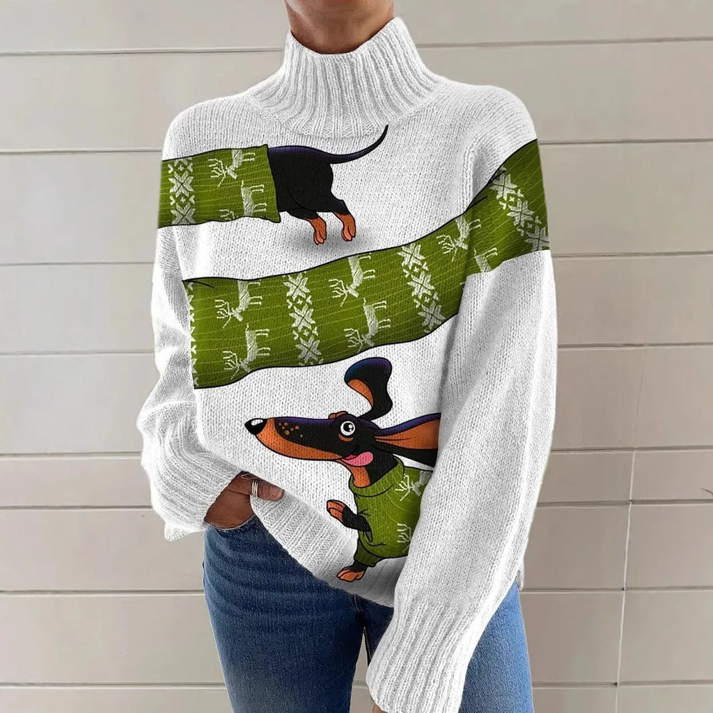 Women's loose fit Christmas printed turtleneck sweater in a macaron colour.