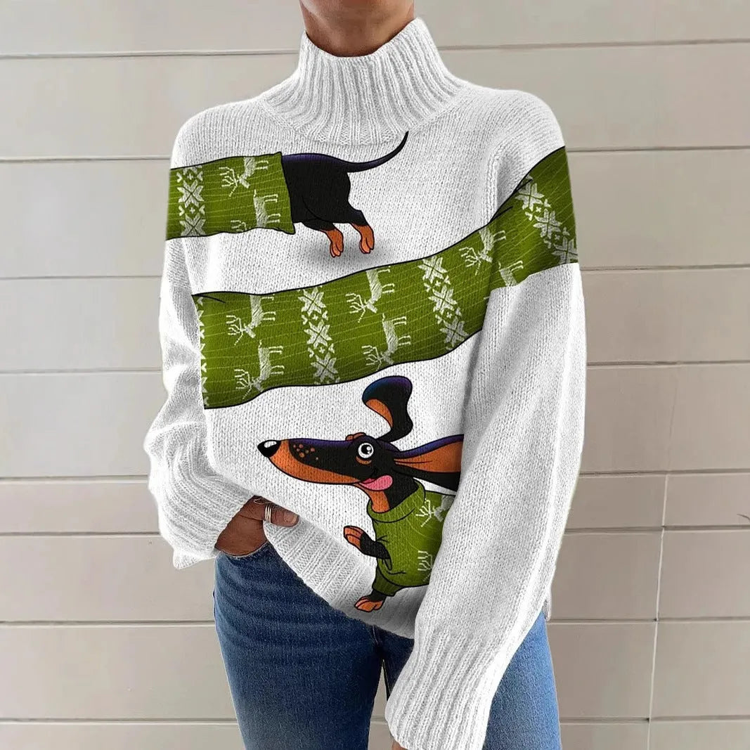 Women's loose fit Christmas printed turtleneck sweater in a macaron colour.