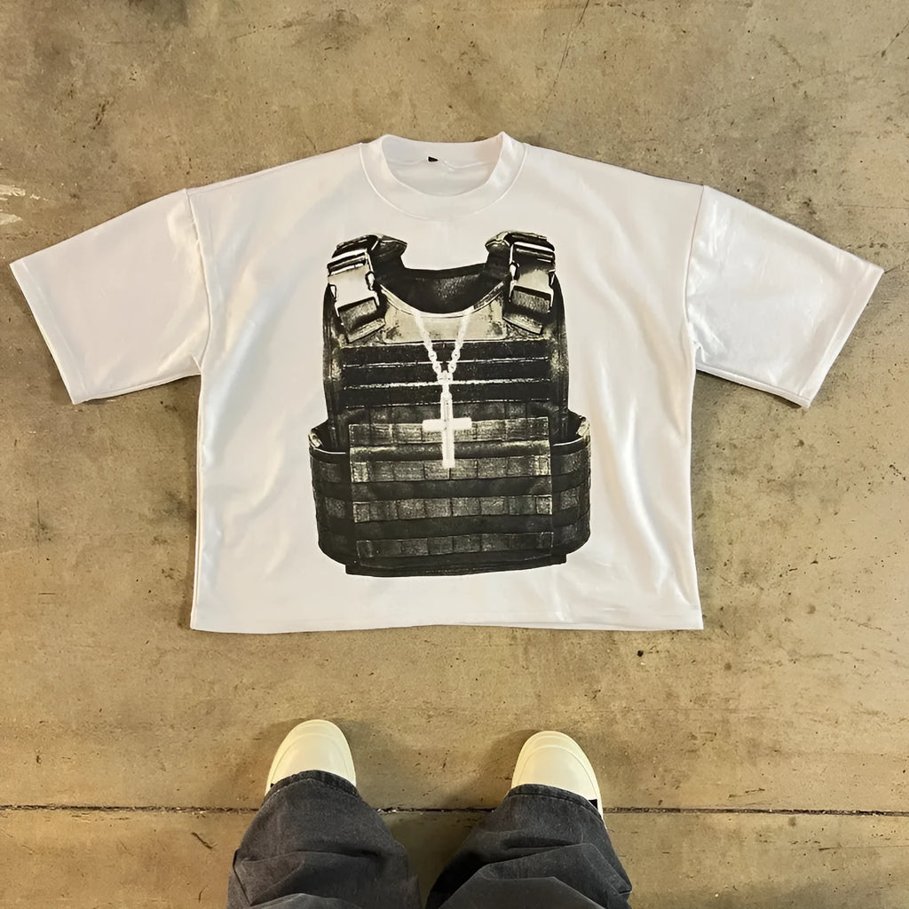 Men's cotton retro printed t-shirt with drop-shoulder sleeves in contrasting street style colours
