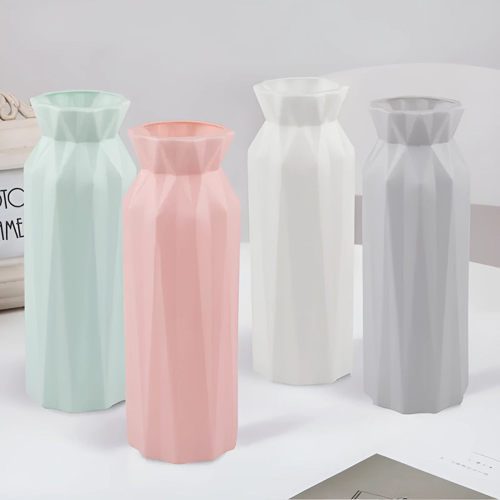 Green melamine drop-resistant vase with a wide base on a wooden table