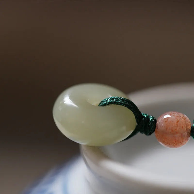 Natural Hetian jade short necklace with lotus seedpod pendant on green rope, handmade simple style
