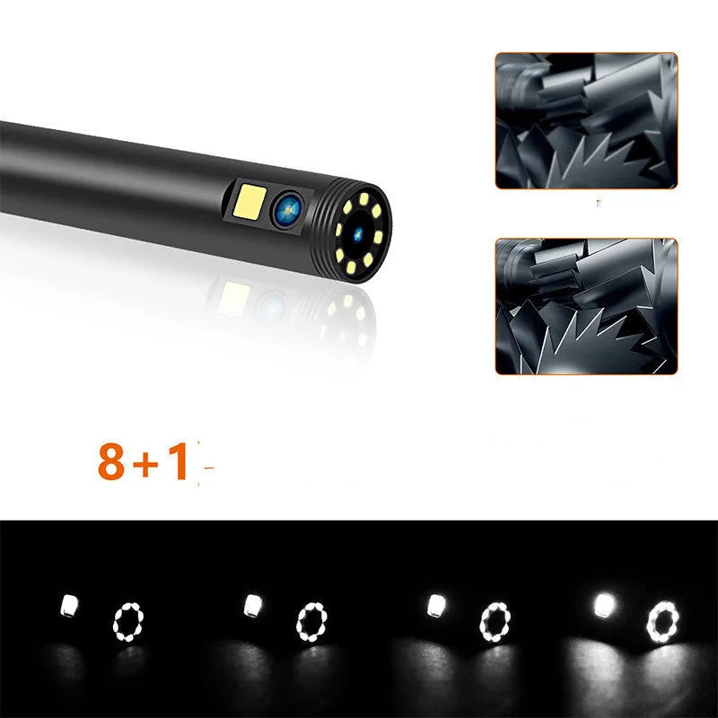 Wireless dual lens endoscope with 5.5mm and 8mm probe options, magnet and hook accessories