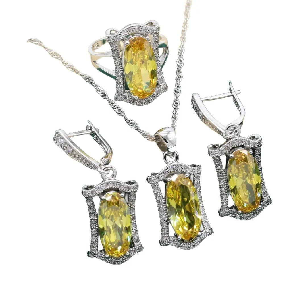 Anti-allergy zircon jewellery set with necklace, earrings, ring, and bracelet in yellow or olive colour.