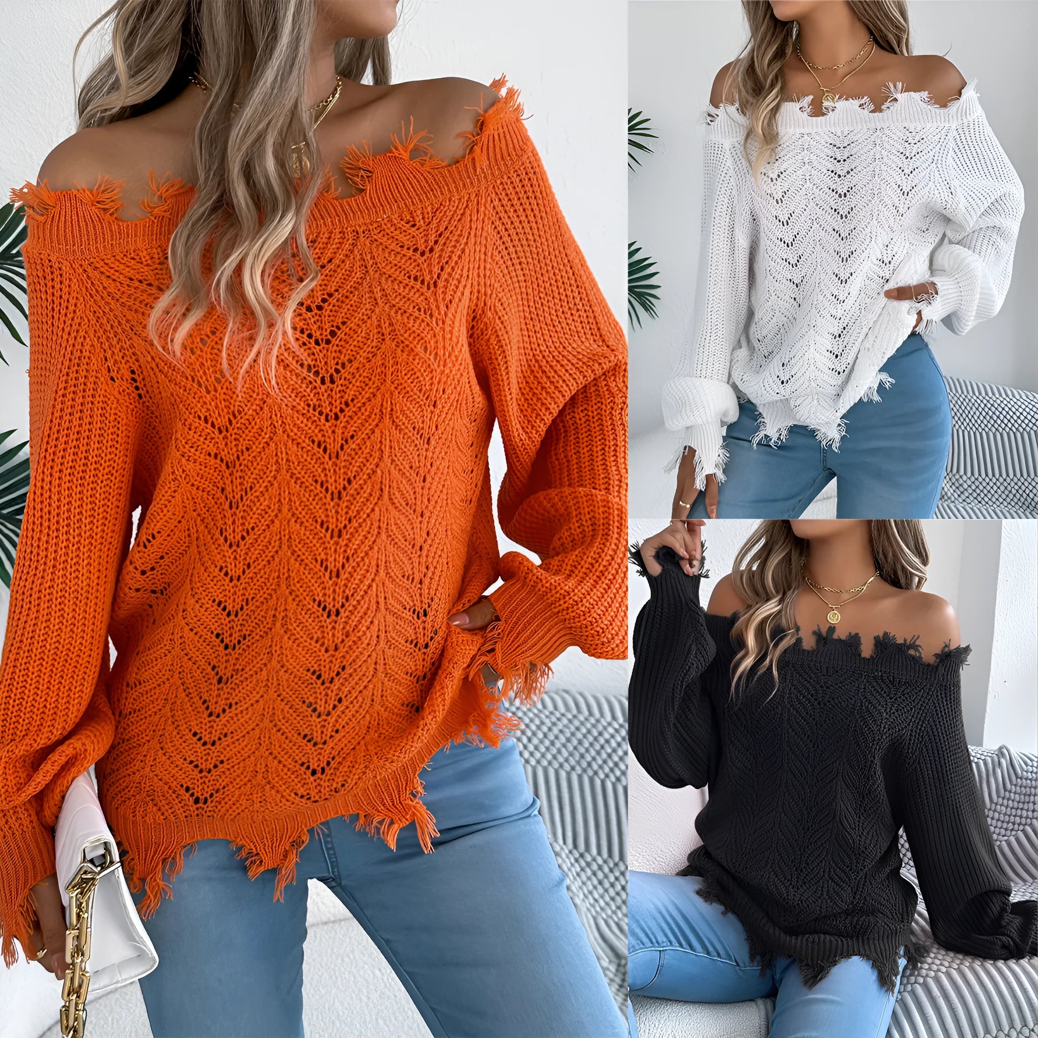 Hollow-out cut-off shoulder pullover sweater in artificial wool acrylic fabric showing street fashion styling