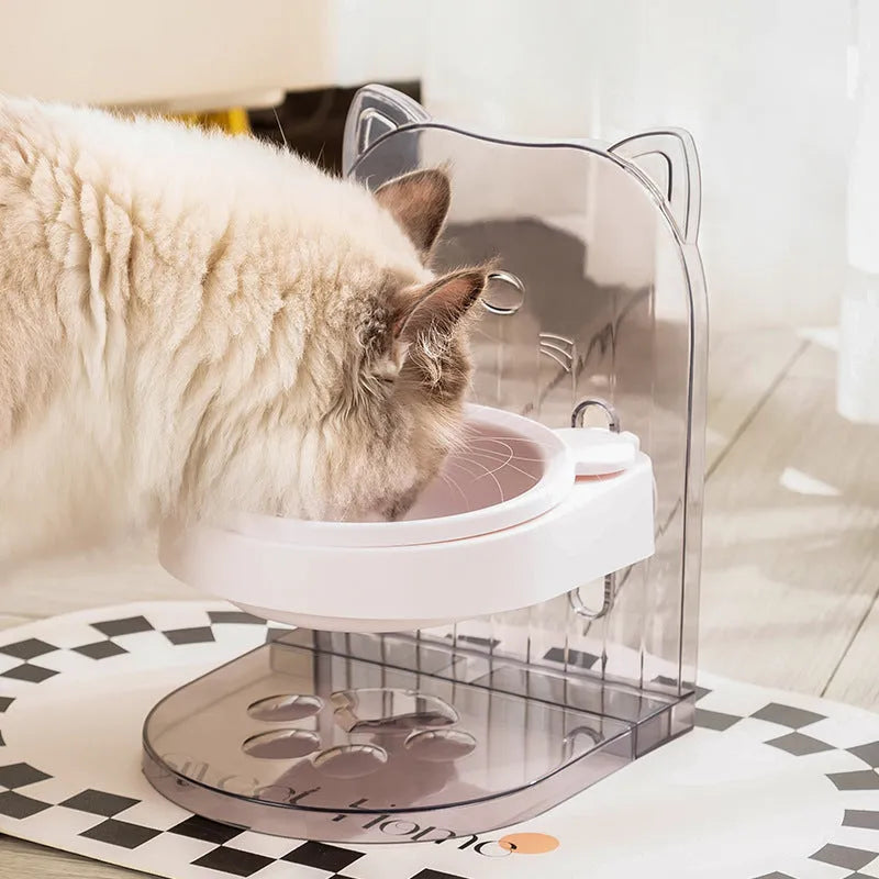 Grey cat bowl with anti-spill cage and cat ear neck protection for pets