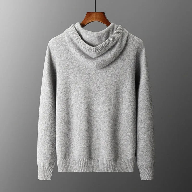 Men's dark grey cashmere hooded sweatshirt and matching long pants laid flat as a complete set.