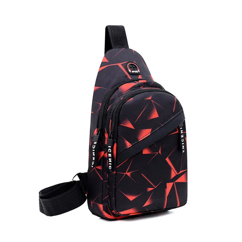 Blue print sling chest bag for men with crossbody strap and visible earphone hole