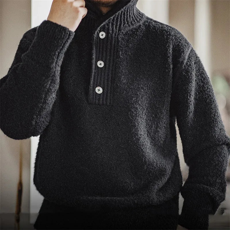 Men's thick black thermal hoodie sweater with lapel collar and long sleeves on a plain background