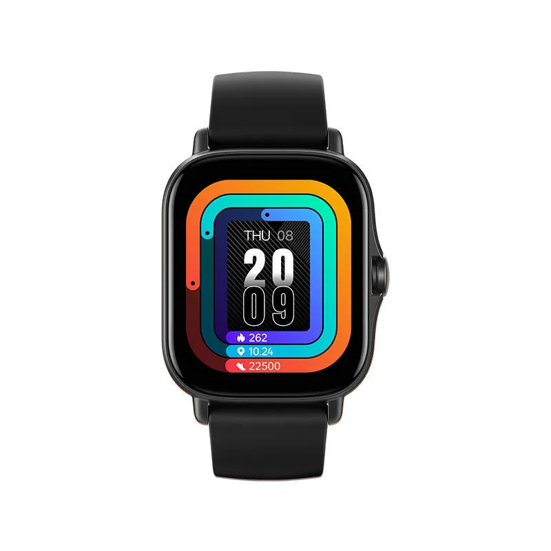 GT20 black alloy smart watch with silicone strap showing heart rate monitoring on screen