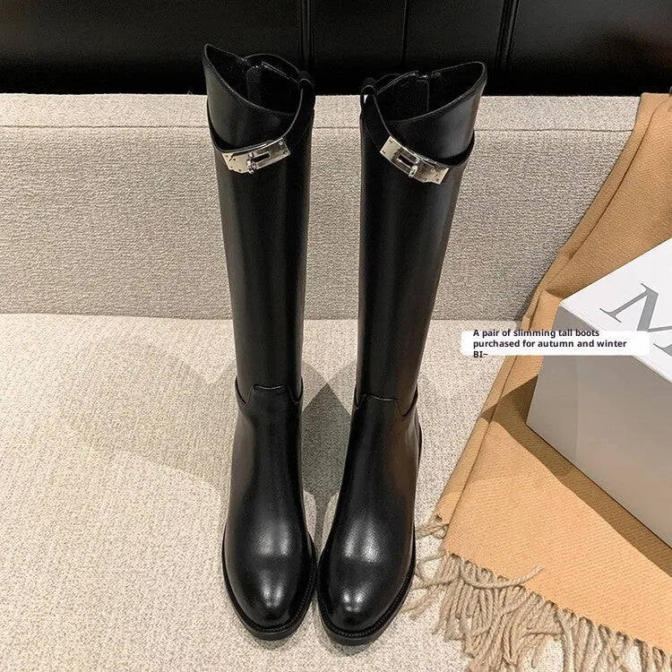 First layer cowhide below the knee boots with low heel and back zipper in black