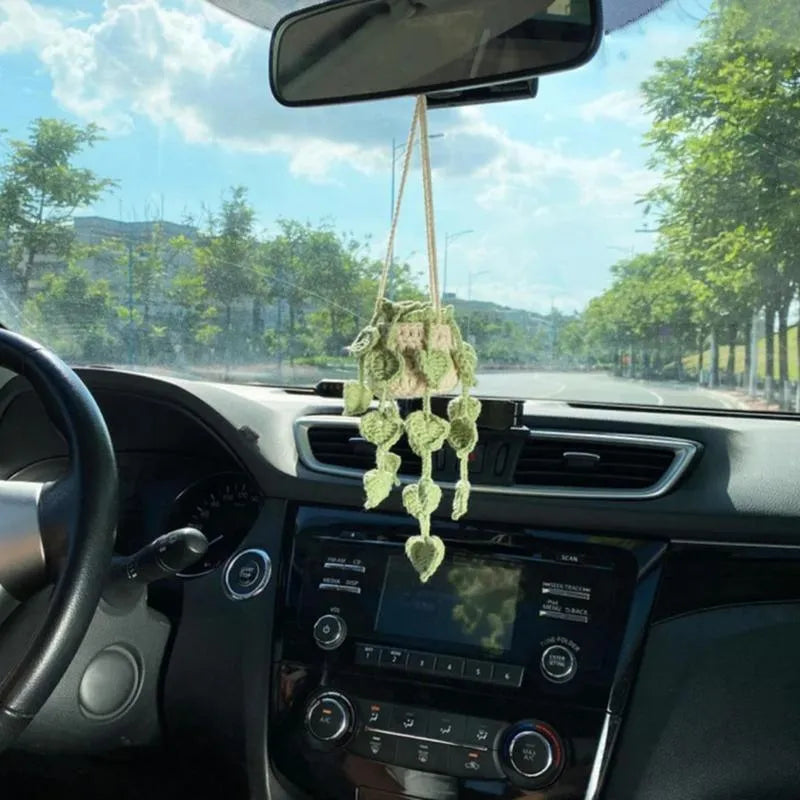 Green and white knitted car plant ornament with hanging rope for dashboard or mirror decoration