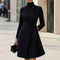 Women's long sleeve Bohemian dress with high waist and stand collar in black