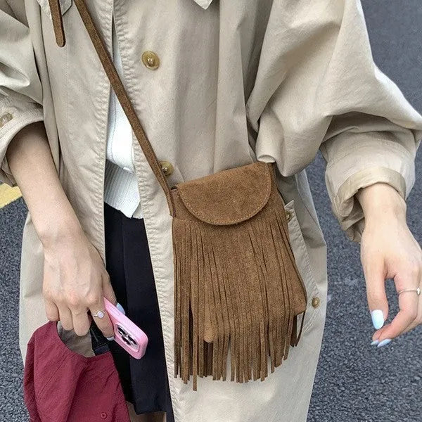 Retro frosted suede mobile phone messenger bag with tassel, available in multiple colours, 13cm length