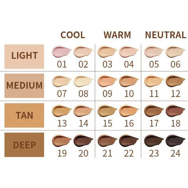 Waterproof contour concealer makeup stick shown in 24 different colour shades for nose and face sculpting.