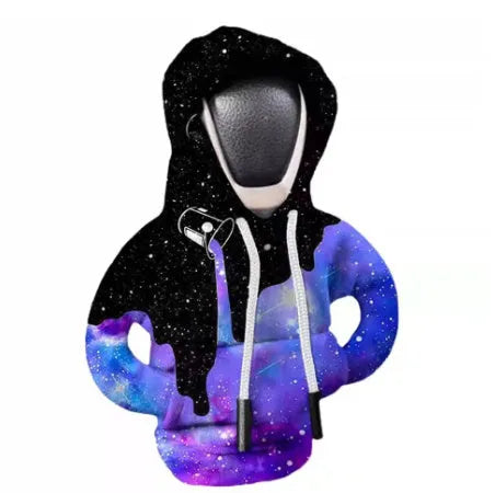 Cloth gear shift knob hoodie cover shown in multiple colours next to a car gear lever.
