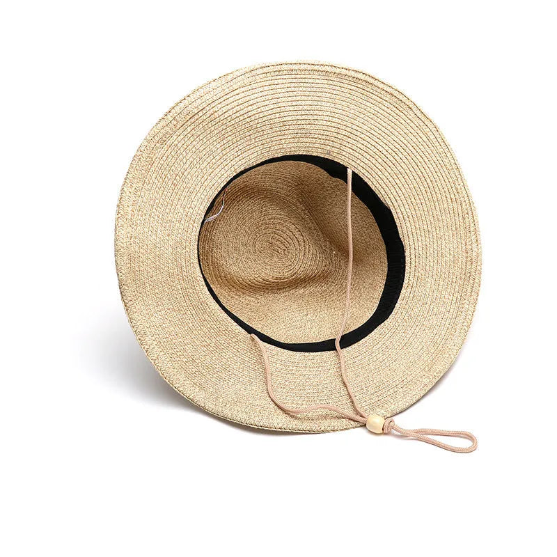 Men's foldable straw sun hat with big brim in mixed beige colour showing three size options