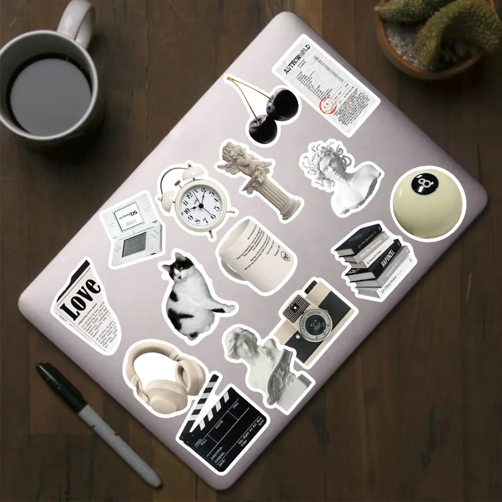 Black and white PVC waterproof sticker set with 61 pieces for laptop phone luggage customisation