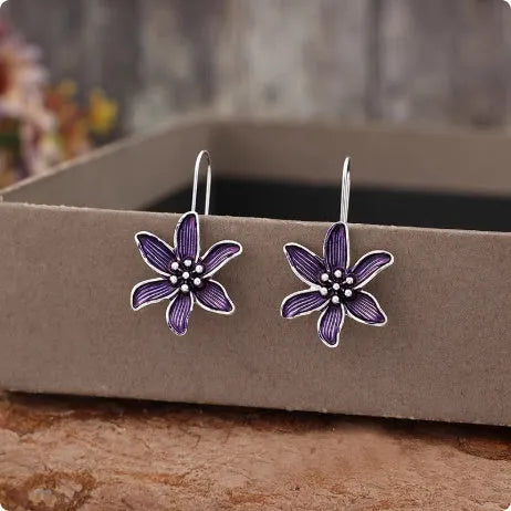 Purple floral alloy earrings with retro design and electroplated finish for women