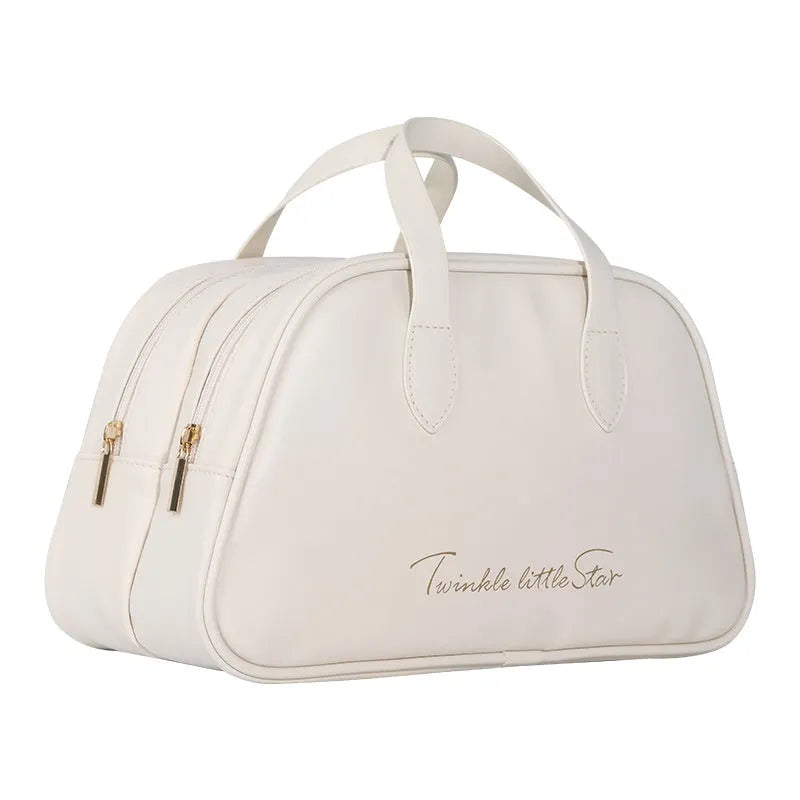 Leather travel toiletry bag in caramel mocha colour with dry wet separation compartments