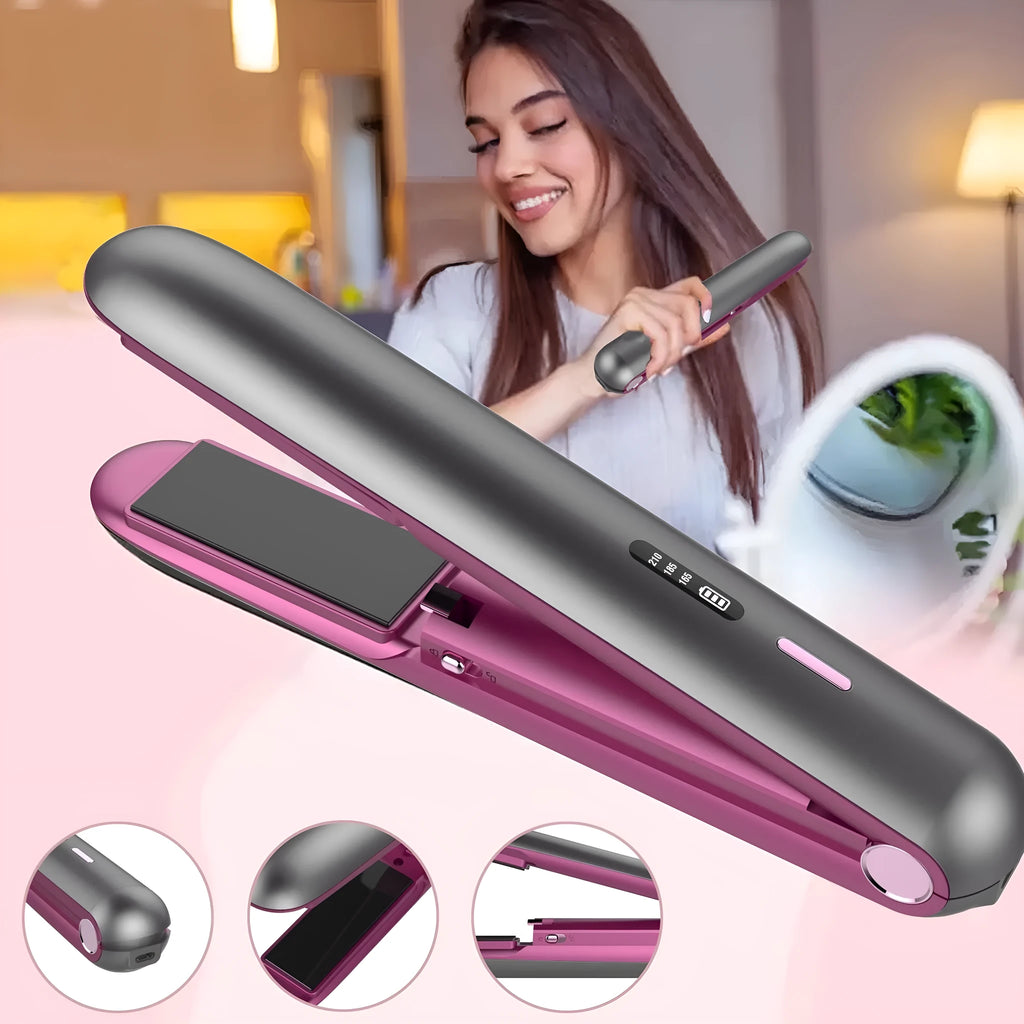 Moon shadow grey wireless hair straightener with tourmaline ceramic plates showing temperature control buttons