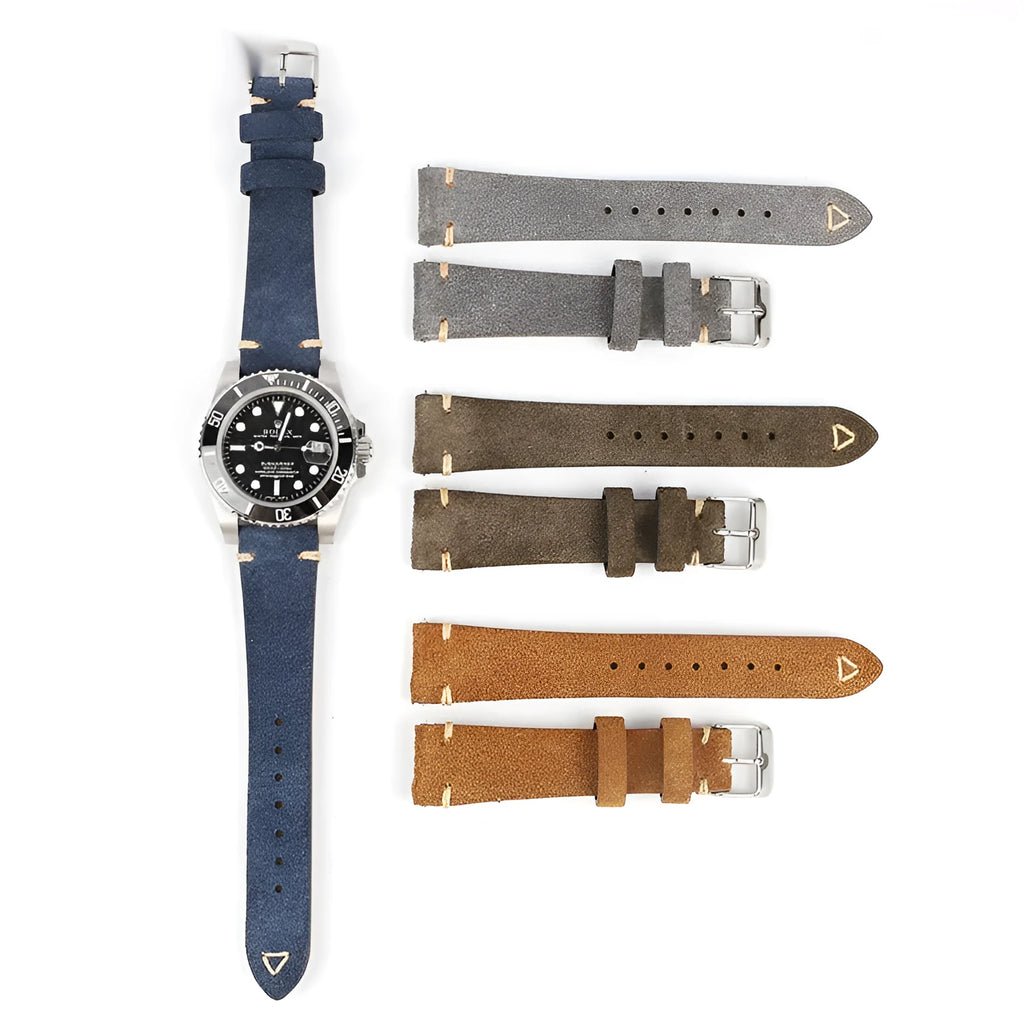 Small waist genuine suede leather watch strap in brown, blue, grey, or Army Green colours