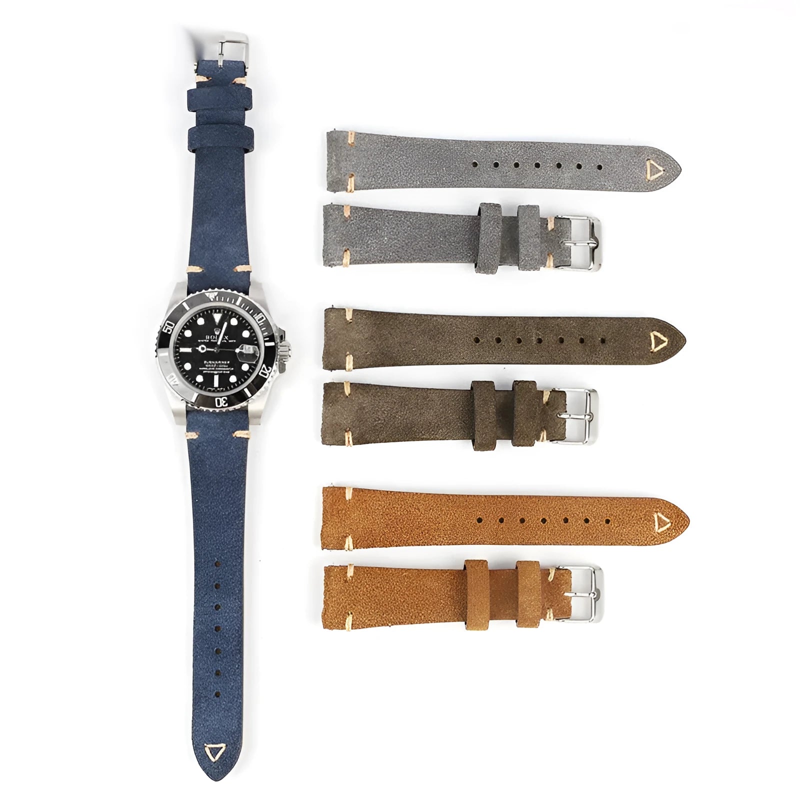 Small waist genuine suede leather watch strap in brown, blue, grey, or Army Green colours