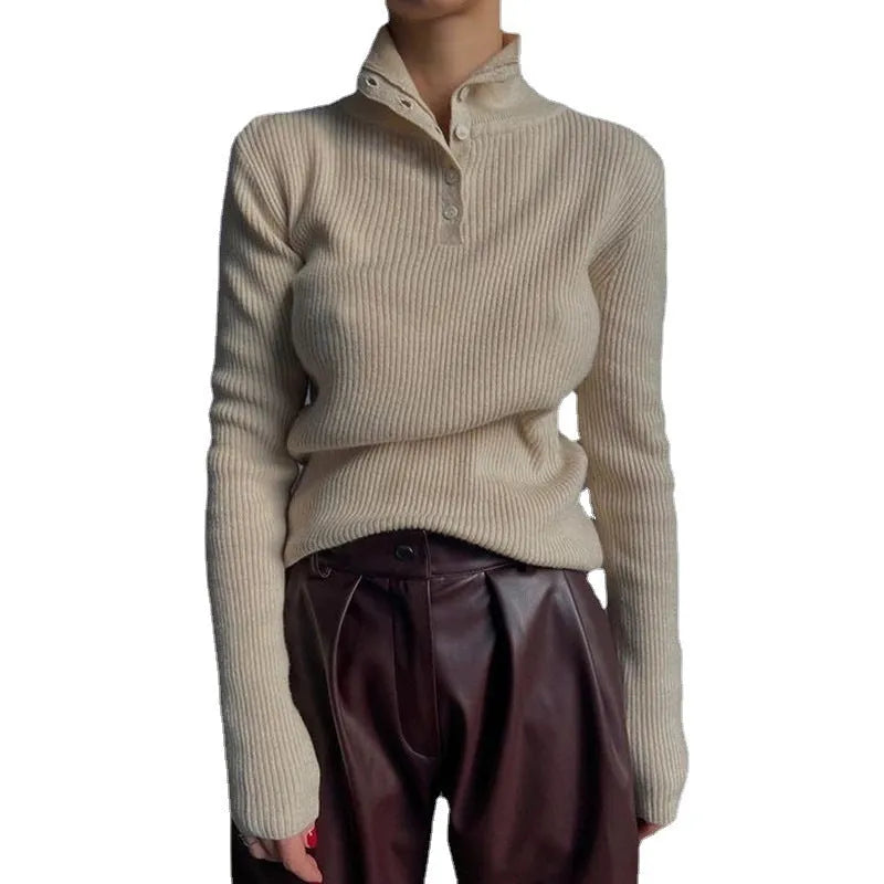 Retro single-breasted half turtleneck pullover sweater in slim fit, shown in silver grey colour.