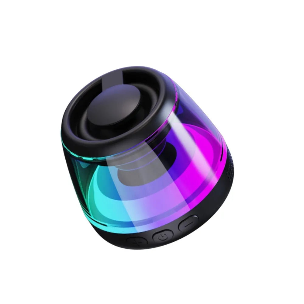 Portable wireless Bluetooth speaker with ambient lighting and magnetic base in black or white