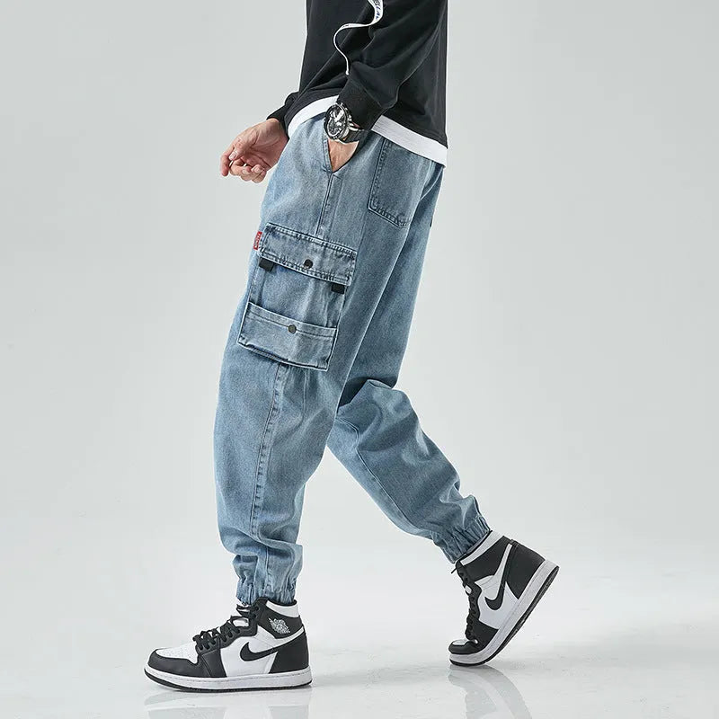 Men's denim cropped trousers in black, mid-waist straight-leg design, cotton fabric, size M to 8XL