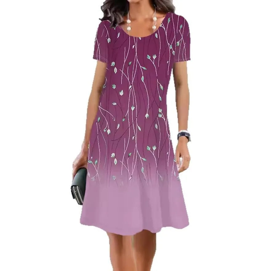 Women's floral print mid-length dress in ice silk fabric with short sleeves and round neck