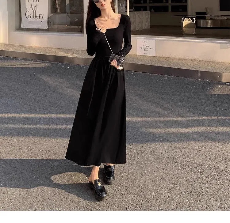 Women's square collar knitted dress with elastic waist and a-line long skirt in grey colour