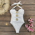 Solid colour high waist one-piece swimsuit for women with matching short skirt.
