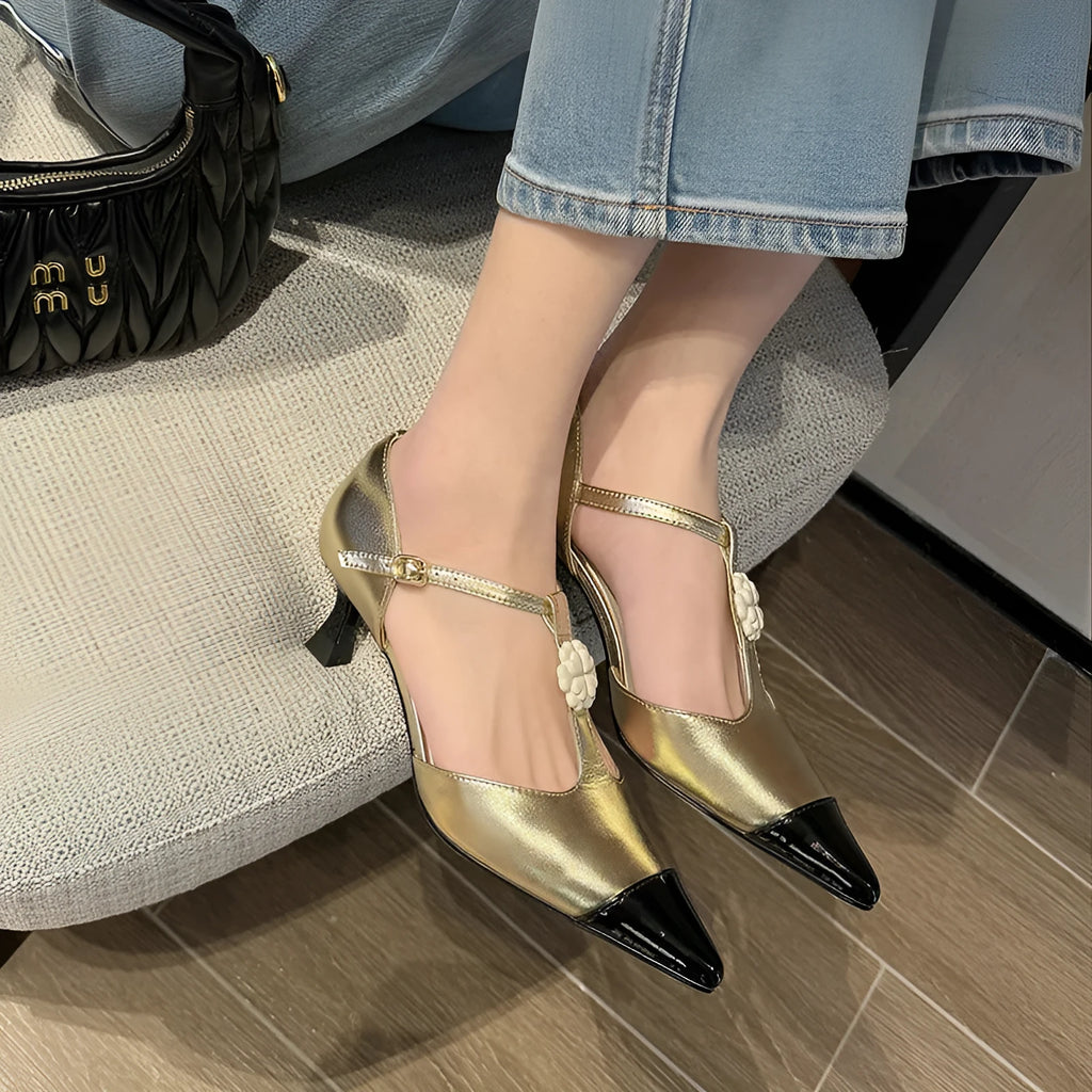 Women's gold stiletto heel shoes with flower decoration and pointed toe