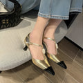 Women's gold stiletto heel shoes with flower decoration and pointed toe