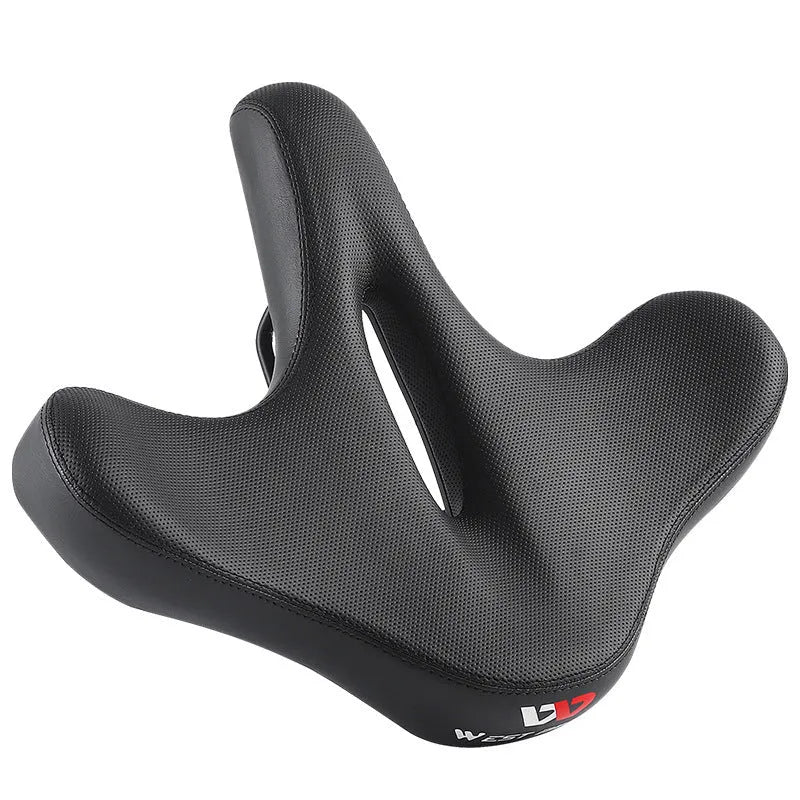 Black leather bicycle saddle cushion with polyurethane foam padding for shock absorption.