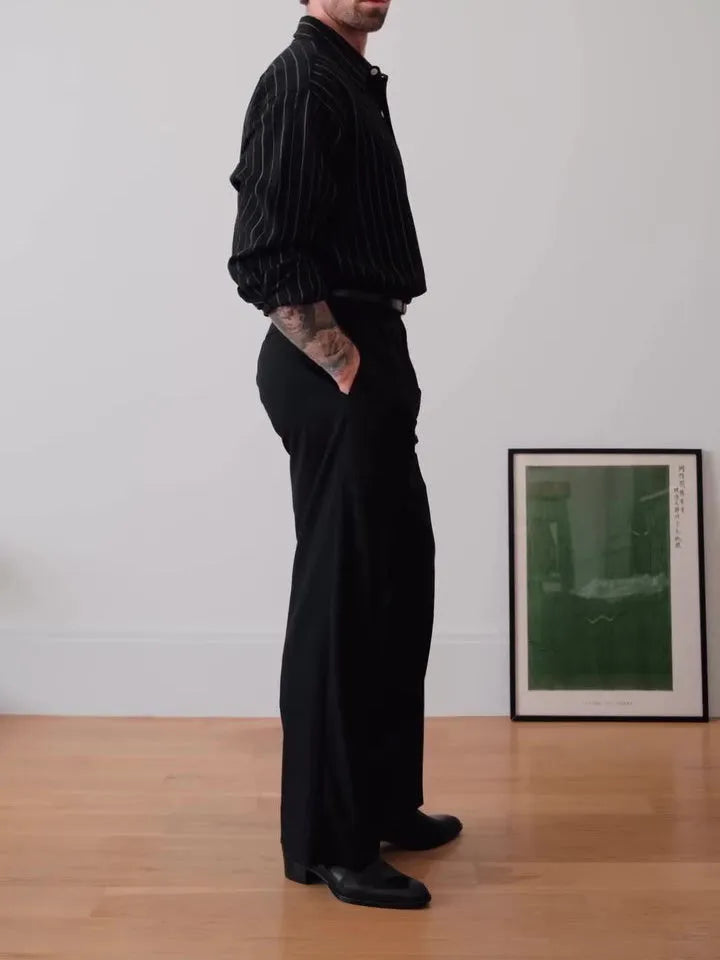 Black pinstriped button-down business shirt with regular fit and polyester construction