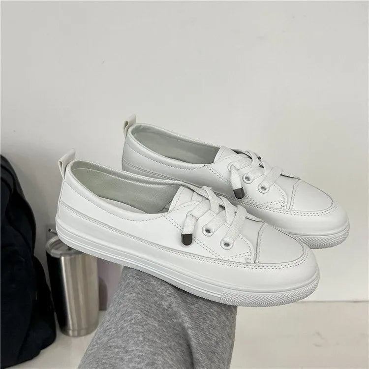 White women's sports breathable shoes with flat heel and round toe, front lace-up, artificial PU patent leather upper, rubber sole