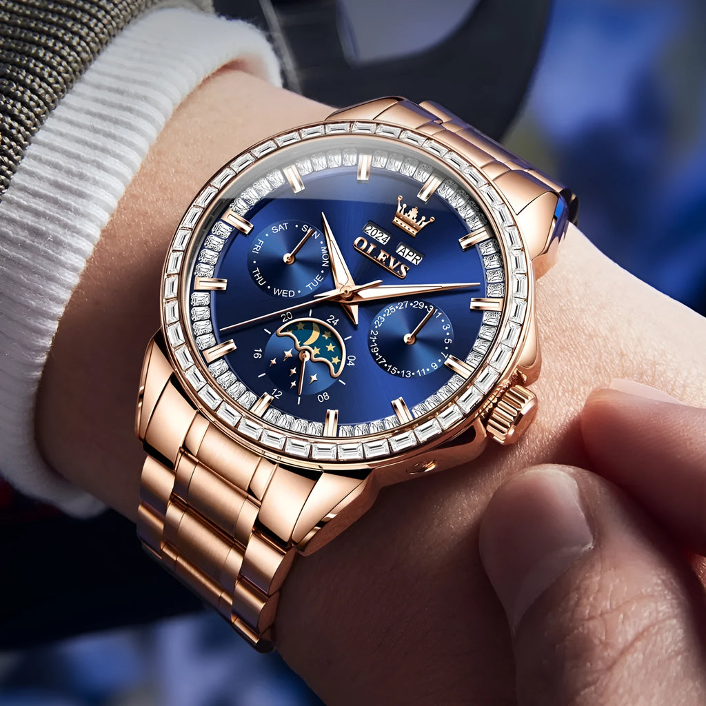 Men's automatic mechanical watch with stainless steel strap, diamond-embedded dial, and transparent case back showing movement