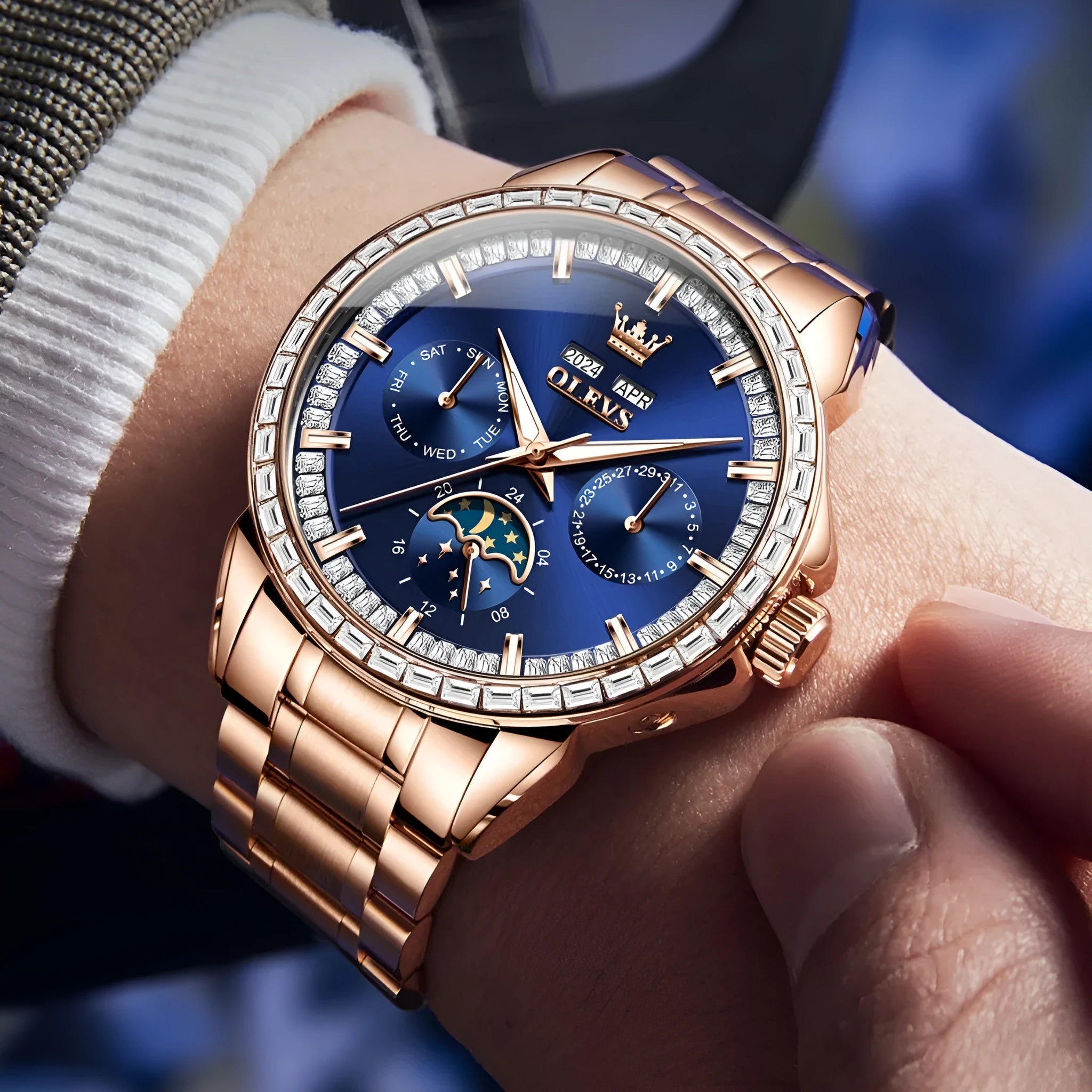 Men's automatic mechanical watch with stainless steel strap, diamond-embedded dial, and transparent case back showing movement