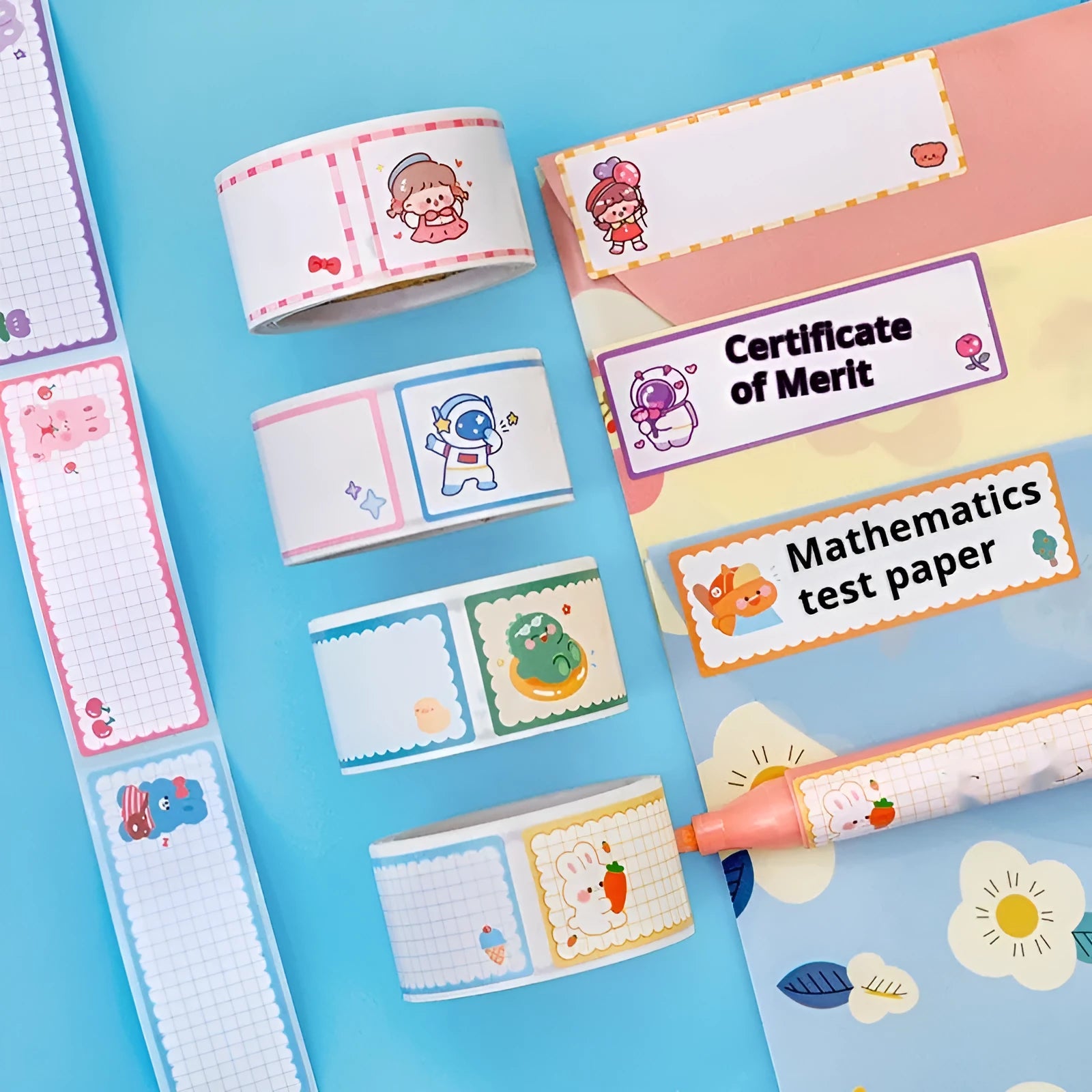 Roll of colourful cartoon name tape stickers with dinosaur, astronaut, rabbit, and girl designs.