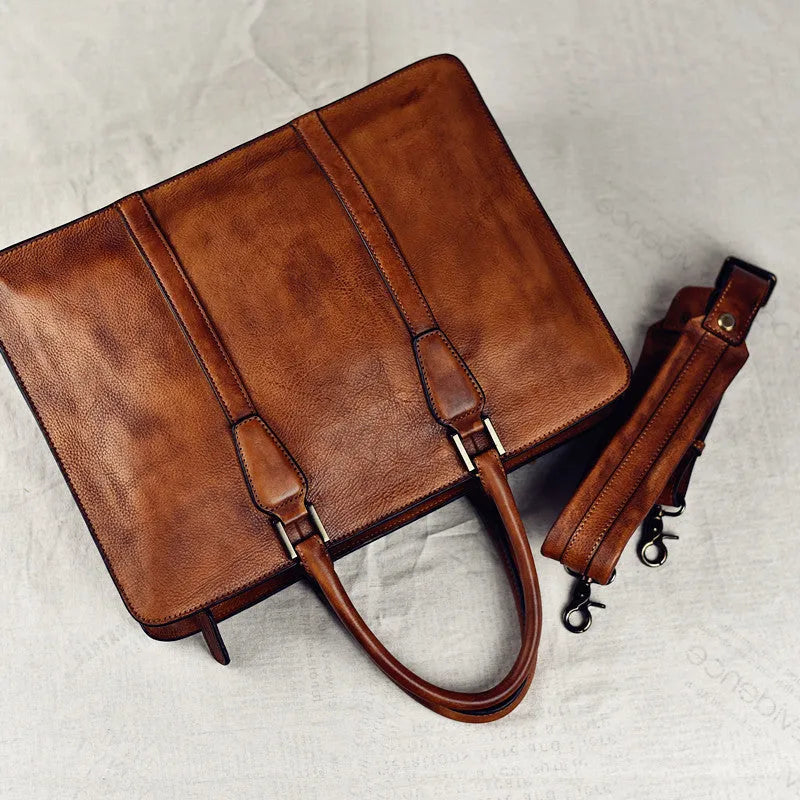 14-inch men's retro leather handbag in horizontal square design with zipper closure