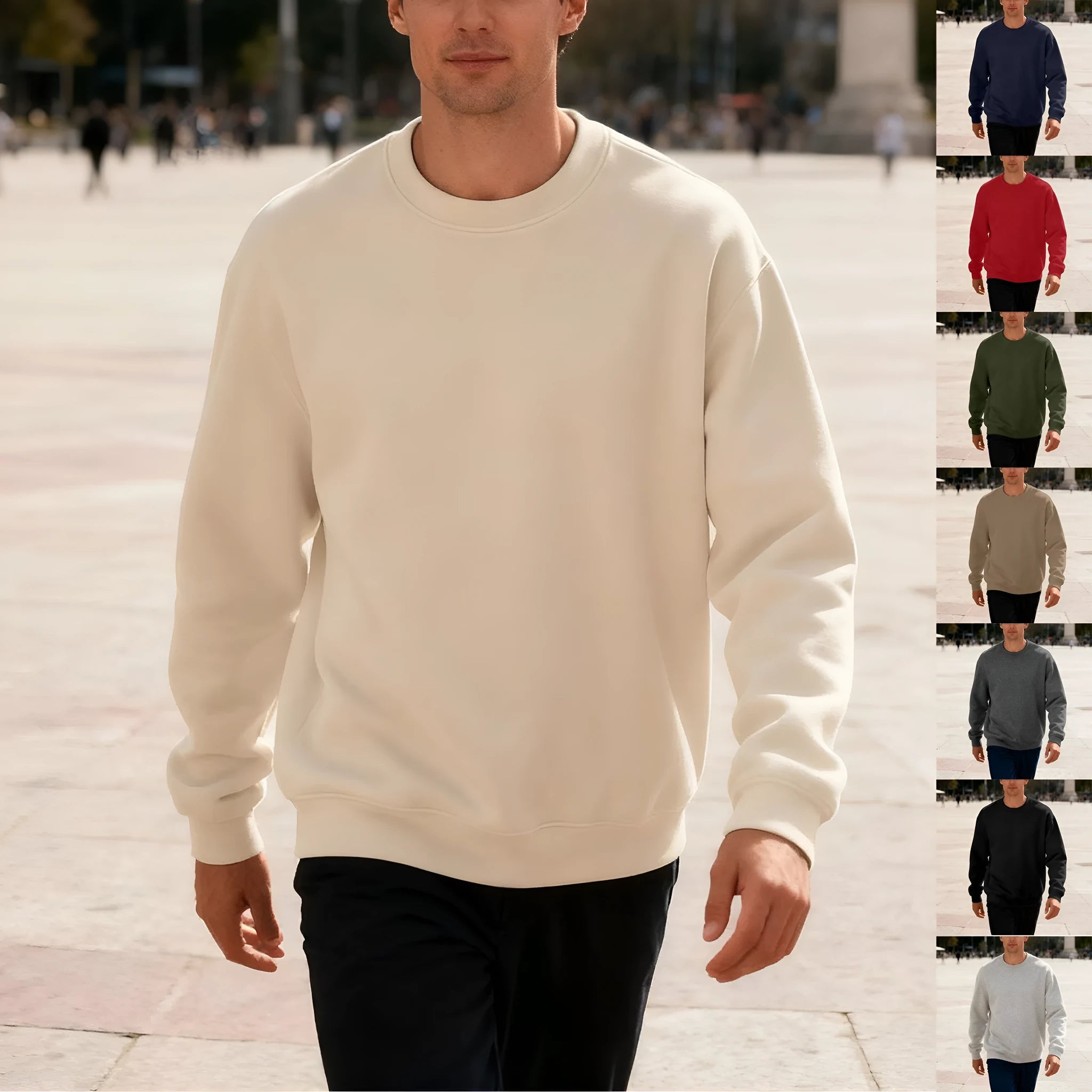 Men's loose oversized casual top in solid colour, long sleeve, round neck, polyester fabric, autumn wear